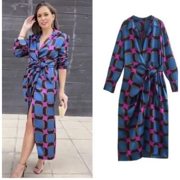 90 BLOGGERS FAVE NWT ZARA FW22 WOMAN PRINTED WRAP MAXI DRESS MULTICOLORED M - Picture 2 of 9